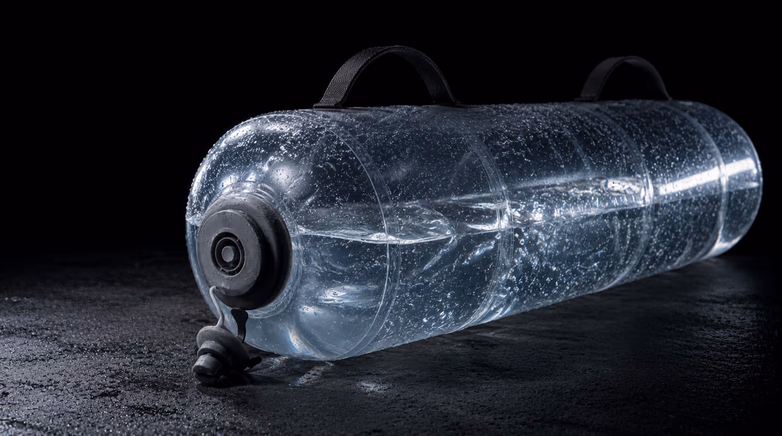 Sac AquaPower transparent rempli d'eau claire, valve de remplissage visible