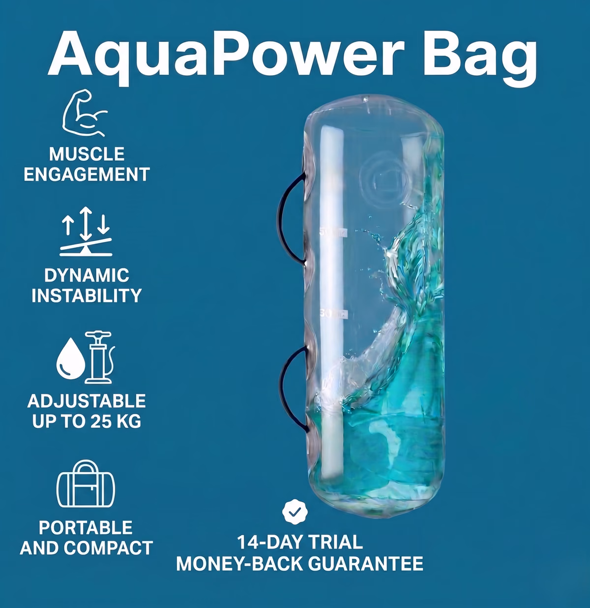 AquaPower Bag infographic: muscle engagement, dynamic instability, adjustable up to 25 kg, portable, 14-day guarantee