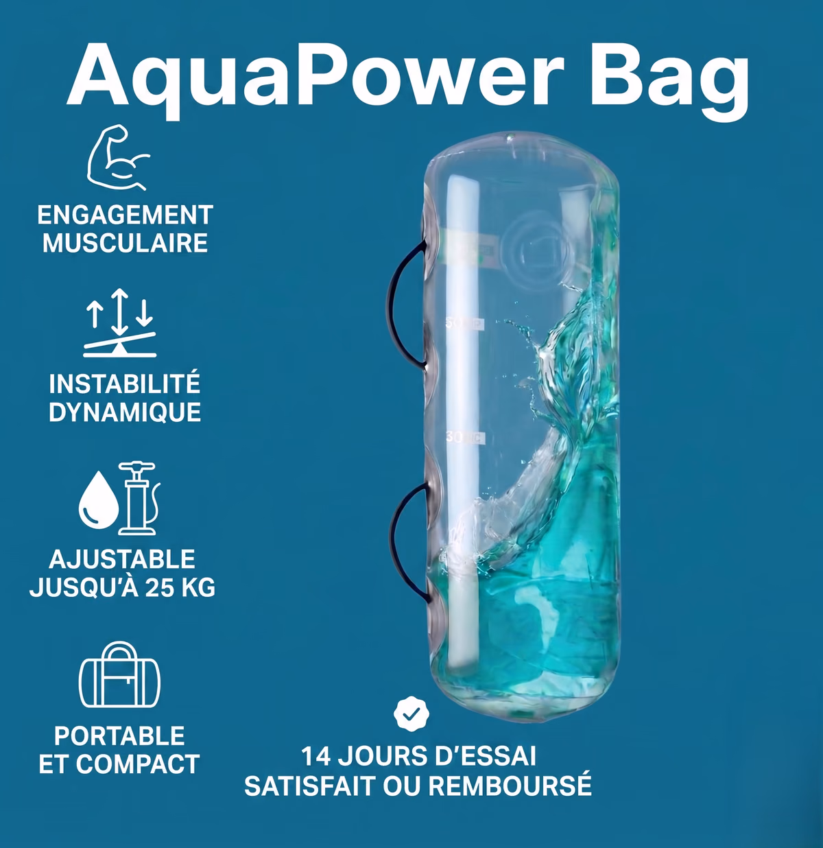 Infographie AquaPower Bag : engagement musculaire, instabilité dynamique, réglable jusqu'à 25 kg, portable, garantie 14 jours